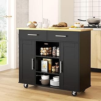 Shintenchi Kitchen Island with Storage, Kitchen Island Cart on Wheels with 3 Open Shelves, 2 Drawers and 2 Cabinets, Rolling Kitchen Table with Large Countertop, Black