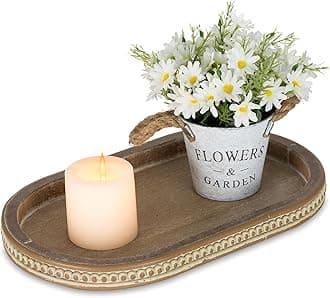 Hanobe Decorative Serving Tray Vintage: Beaded Coffee Table Tray Rustic Wood Centerpiece Decor Farmhouse Kitchen Counter Home Organizer Oval