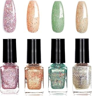 Glitter Nail Polish - Quick Dry Shiny Sparkly Nail Varnish - Pink Gold Champagne Green 4 Colours Nail Art Manicure Set