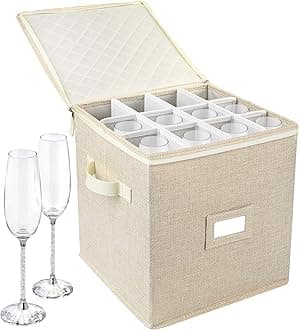 LotFancy Champagne Flute Storage Container for Moving, Hard Shell, Stackable 12" Tall Stemware Storage Box with Dividers & Handles, Wine Glass, Crystal Glassware, Drinkware Case, Beige