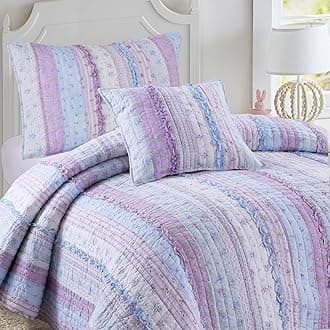 Shabby Chic Romantic Lace Purple Blue Floral Cotton Bedding Quilt Set, Reversible Coverlet, Bedspread (Lavender, King-4 Piece: 1 Quilt+2 King Shams+1 Decor Pillow)