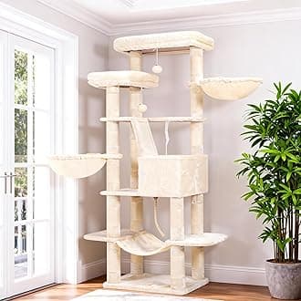 Heybly Cat Tree, 68 inch Multi-Level Cat Tower for Indoor Cats, 2 Widened Plush Perches Cat Condo with Scratching Board and Big Caves, Beige HCT025M