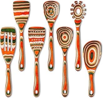 Gudamaye Pakkawood 7-Piece Red Wooden Cooking Utensils, Wooden Spoons for Cooking,Wooden Spoon Set, Wooden Kitchen Utensil set, Pakkawood kitchen Utensils for Serving, Bridal Shower Gifts