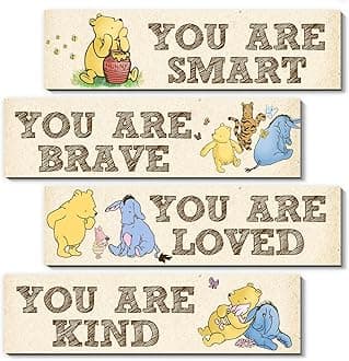 Winnie Room Decor- the Pooh Sign-Wooden Baby Stuff-Vintage Nursery Decor-4PCS Wall Decor Wall Art(Classic)-You Are Kind Brave