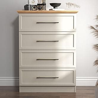 Galano Cleverton 4 Drawer Chest of Drawers – Modern Wooden Bedroom Storage Unit, Tallboy Cabinet for Hallway or Living Room, Light Grey & Oak