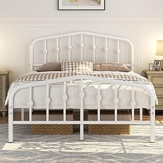 Yaheetech 4ft6 Double Bed Frames Slatted Metal Bed with Crown-inspired Design Headboard/Spacious Under-bed Storage White