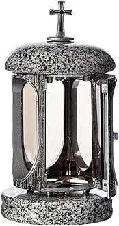 Large Round Granite Memorial Lantern – H 8.6" (22cm) Grey Graveside Tribute with Cross & Silver Frame - Funeral Gift, Cemetery Grave Ornaments, Memory Lantern, Candle Decoration for Graveyard