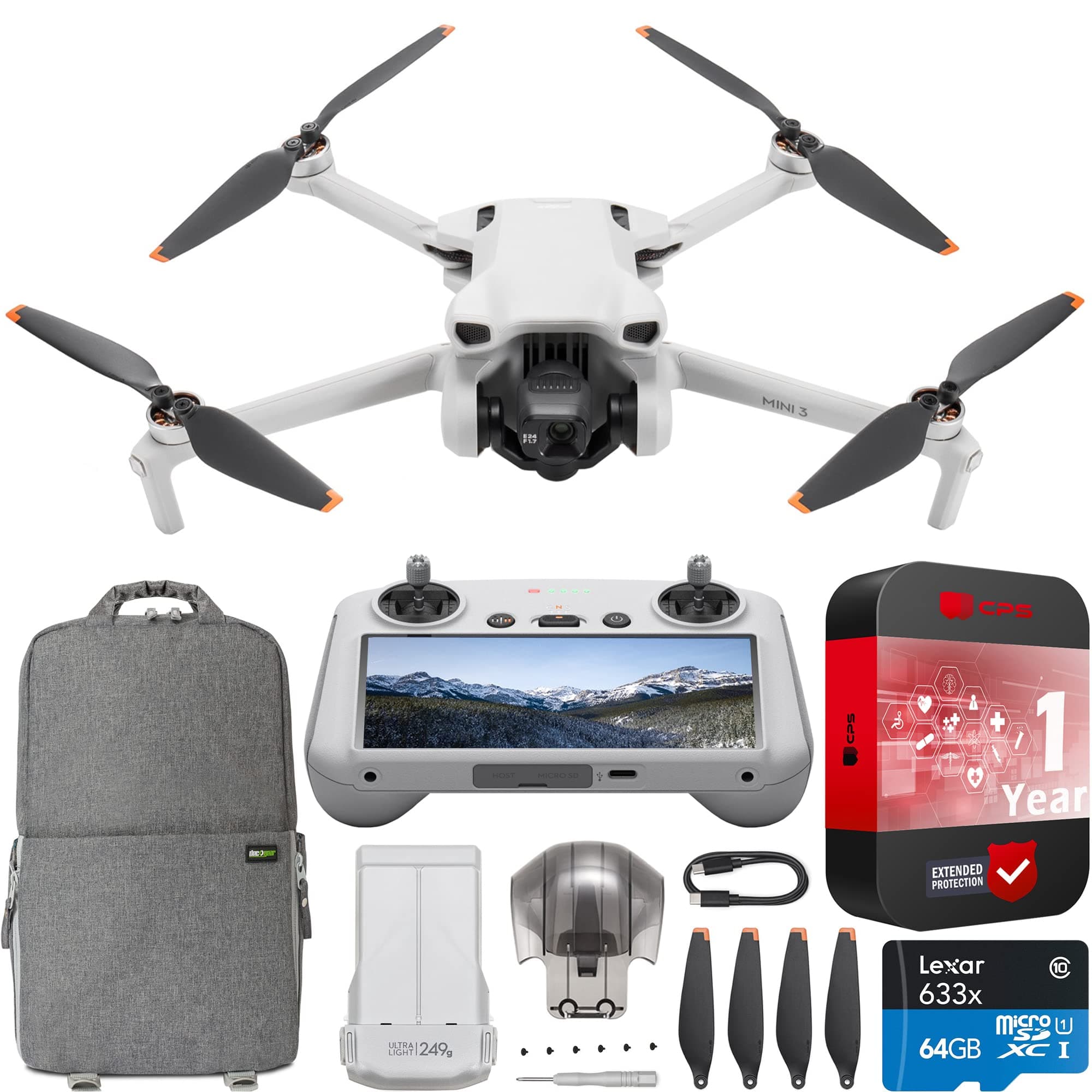 - Mini 3 Camera Drone Quadcopter with RC Smart Remote Controller (With Screen), 4K Video, 38min Flight Time, True Vertical Shooting, Intelligent Modes Bundle with Deco Gear Backpack + Accessories