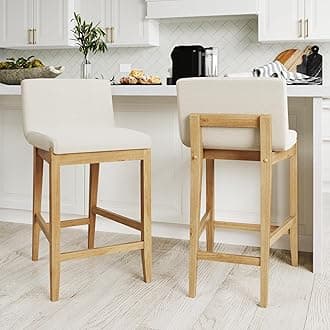 Gracie Modern Counter Height Bar Stool with Back, Counter Stool Upholstered Chair with Natural Textured Linen and Brushed Wooden Legs, Cream Boucle/Light Brown, Set of 2