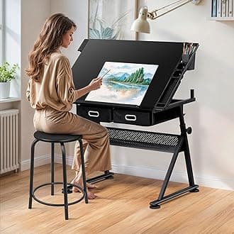 Drafting Table Drawing Desk w/Power Outlet, Art&Craft Work Station Height Adjustable Tilting Tabletop Craft Table Desk w/Stool and 2 Storage Drawers for Home Office, Black