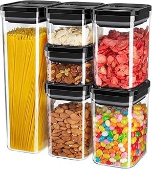 6 Piece Airtight Food Storage Container Set, BPA Free Kitchen Pantry Organization Canisters, One-handed Kitchen Storage Containers for Cereal, Spaghetti, Pasta, Black