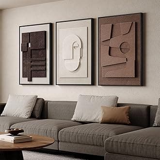 Large 3D Textured Framed Neutral Abstract Wall Art for Living Room, 3 Piece Modern Artwork for Walls, Minimalist White and Brown Geometric Wall Paintings for Hallway, Stair, Office Wall Decor 24x36 In