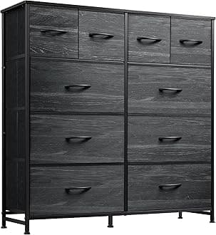 WLIVE Dresser for Bedroom with 10 Fabric Drawers, Tall Chest Organizer Units for Clothing, Closet, Storage Tower with Cabinet, Metal Frame, Wooden Top, Charcoal Black Wood Grain Print