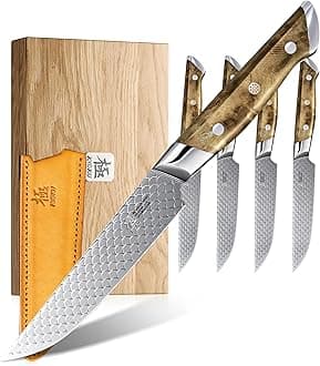 KYOKU 4.8" Steak Knife Set of 4 with Non-Stick Koi Scale Pattern, Japanese Style VG10 Stainless Steel Steak Knives with Sheath Gift Box, Shogun Koi Series Full Tang Knives with Camphorwood Handles