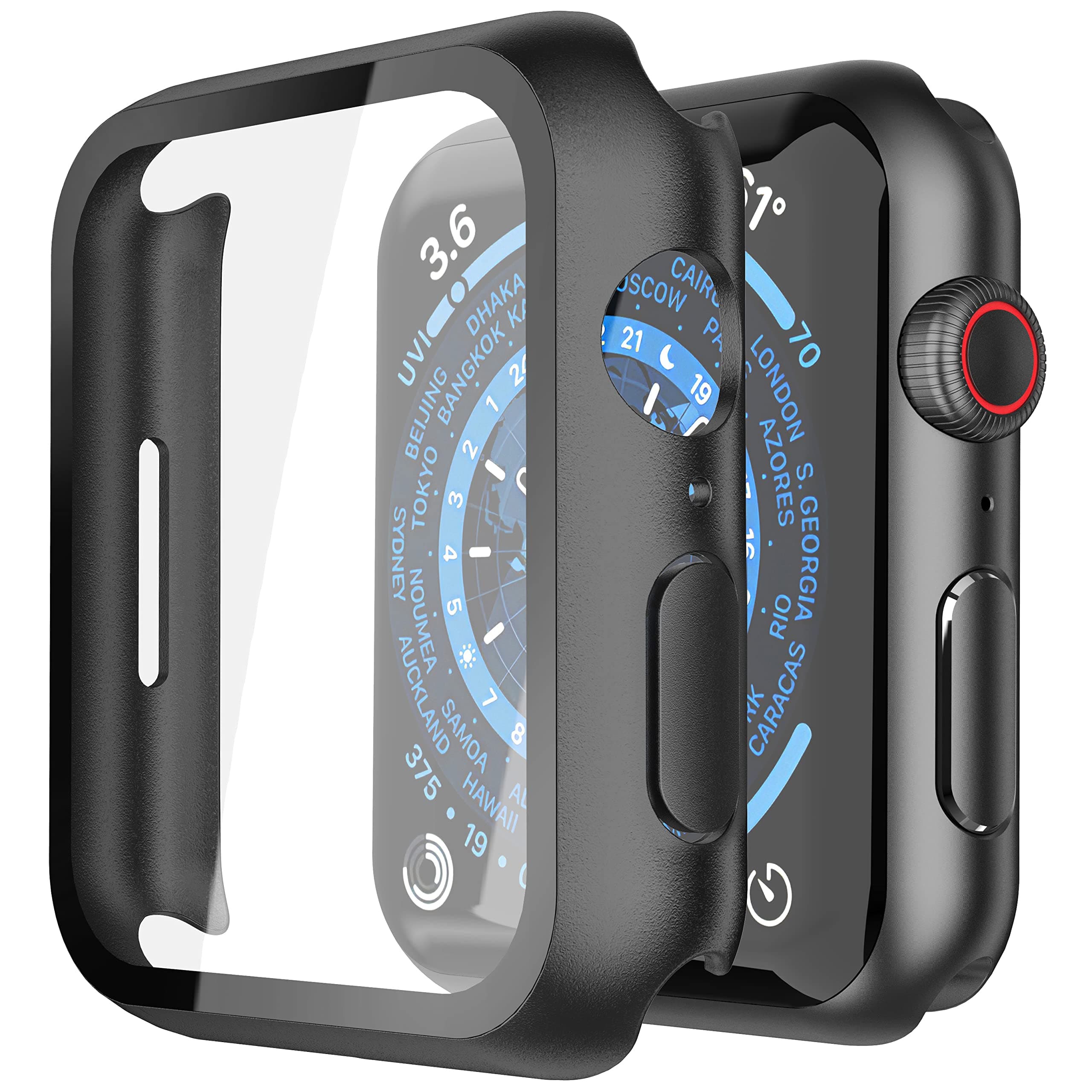 2 Pack Black Hard Case with Tempered Glass Screen Protector Compatible for Apple Watch Series 9 Series 8 Series 7 45mm, Ultra-Thin Shockproof Overall Protective Cover for iWatch