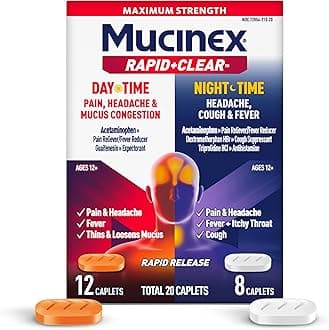 Rapid+Clear Maximum Strength Day & Night Cold and Flu Medicine for Adults, Over-The-Counter Medication for Headache Relief, Mucus Congestion, & Cough, Rapid Release Caplets, 20 Count