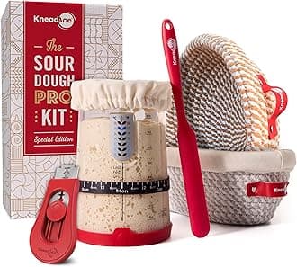 Sourdough Starter Kit – 34oz Starter Jar, 2 Cotton Rope Banneton Proofing Baskets, Magnetic Bread Lame for Scoring – Gift for Bakers & Complete Sourdough Bread Baking Set
