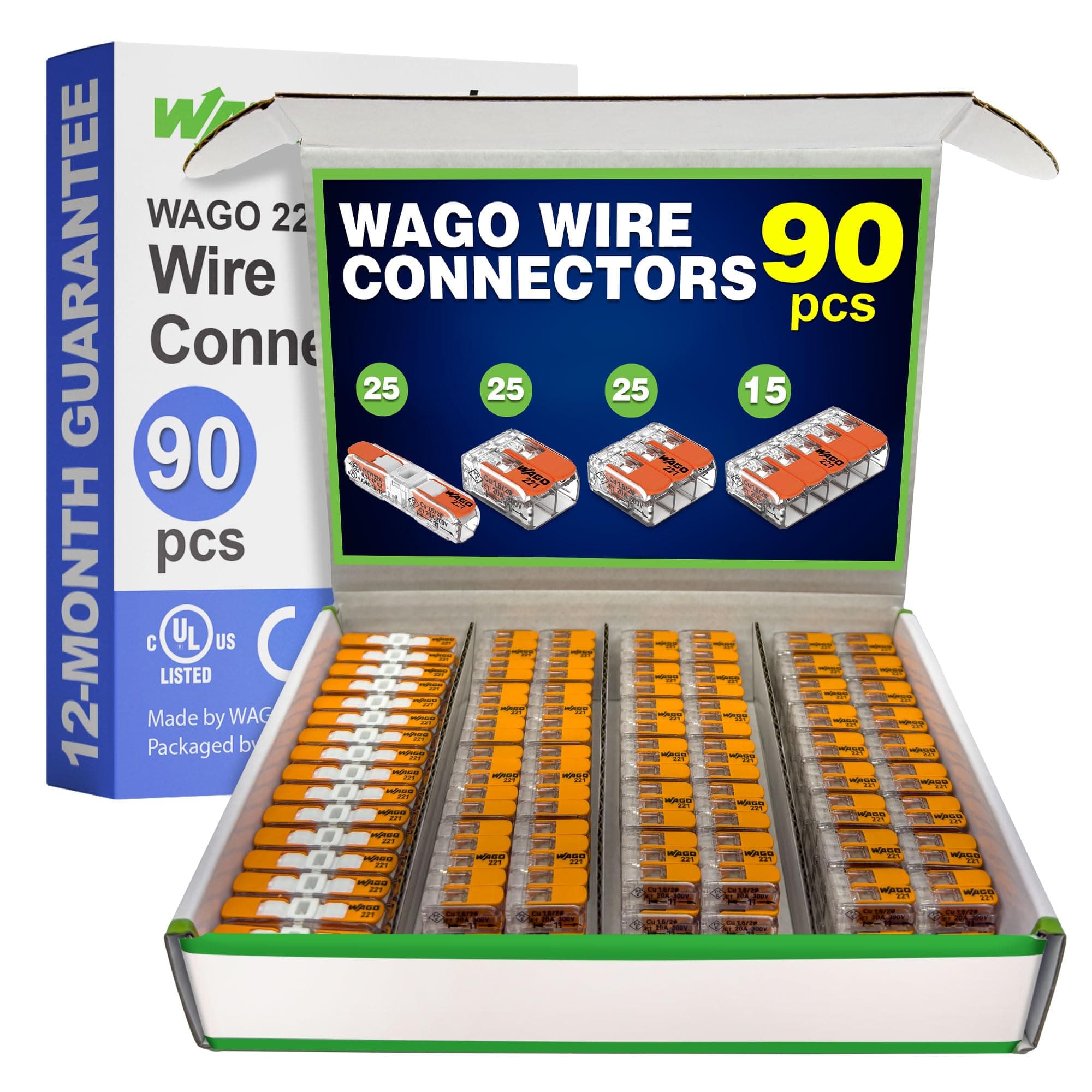 WAGO 221 Series 90pc Compact Splicing Wire Connectors | Includes (25x 221-2401), (25x 221-412), (25x 221-413), (15x 221-415) | WAGO Wire Connectors | 221 Straight Inline Splice | Electrical Lever Nuts