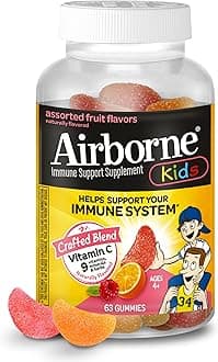 Airborne Vitamin C 500mg (per Serving) - Assorted Fruit Flavored Kids Gummies (63 Count in a Bottle), Gluten-Free Immune Support Supplement with Vitamins C E, Selenium