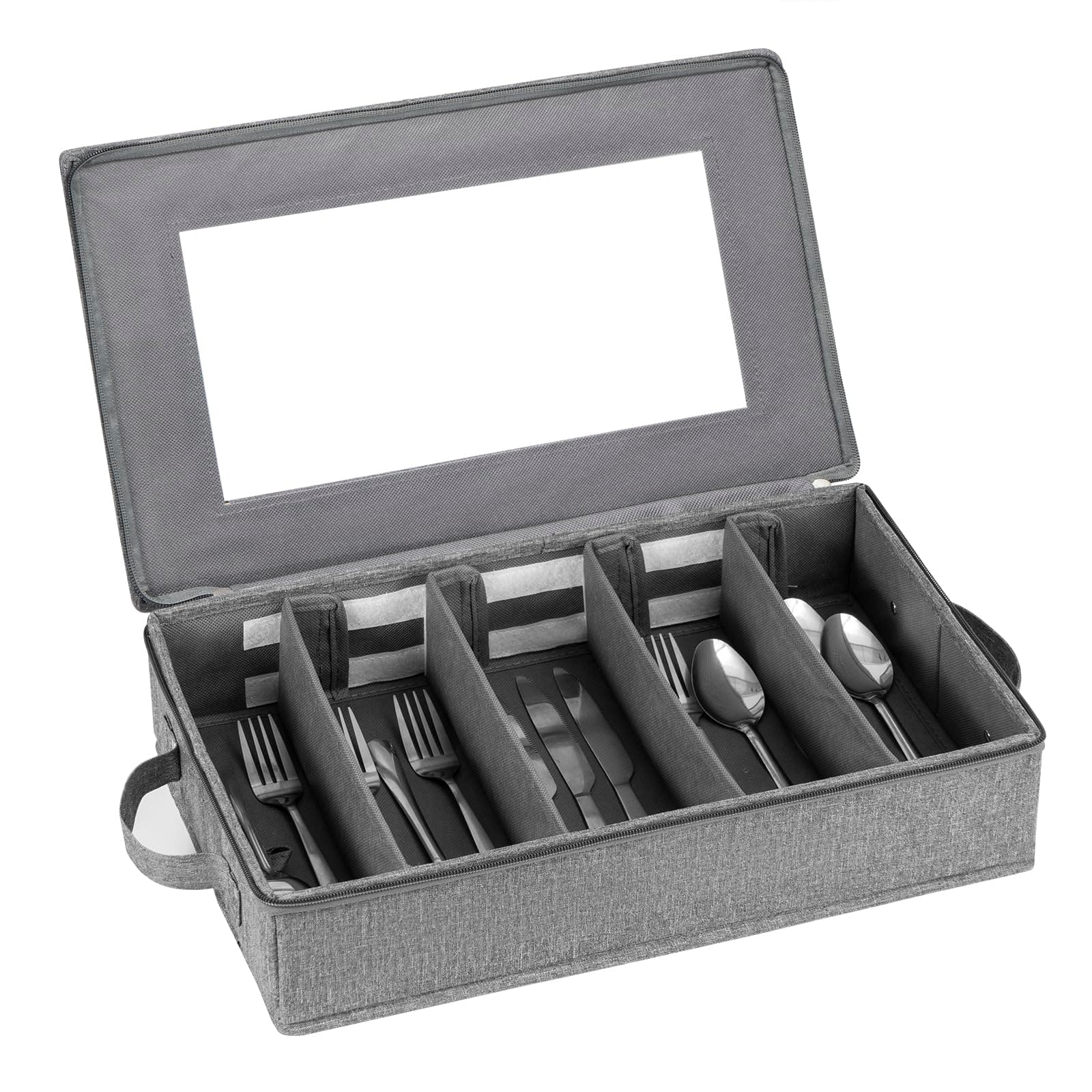 Flatware Utensil Storage Case, Silverware Storage Box Chest with Adjustable Dividers, Cutlery Storage Holder with Zipper Lid for Organizing Cutlery, Flatware, Knives, Large Capacity Gray