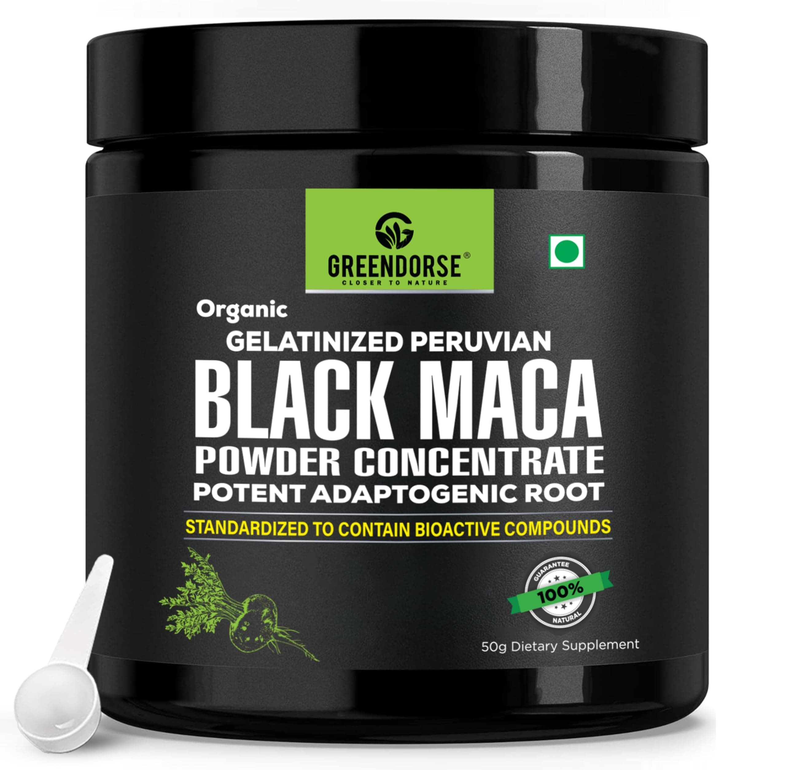 GREENDORSE Peruvian Black Maca Root Powder Concentrate | Rich in Macamide & Macaenes, 3rd Party Lab Tested | Stamina & Reproductive Health Support, Performance,Vitality- High Potency-50g