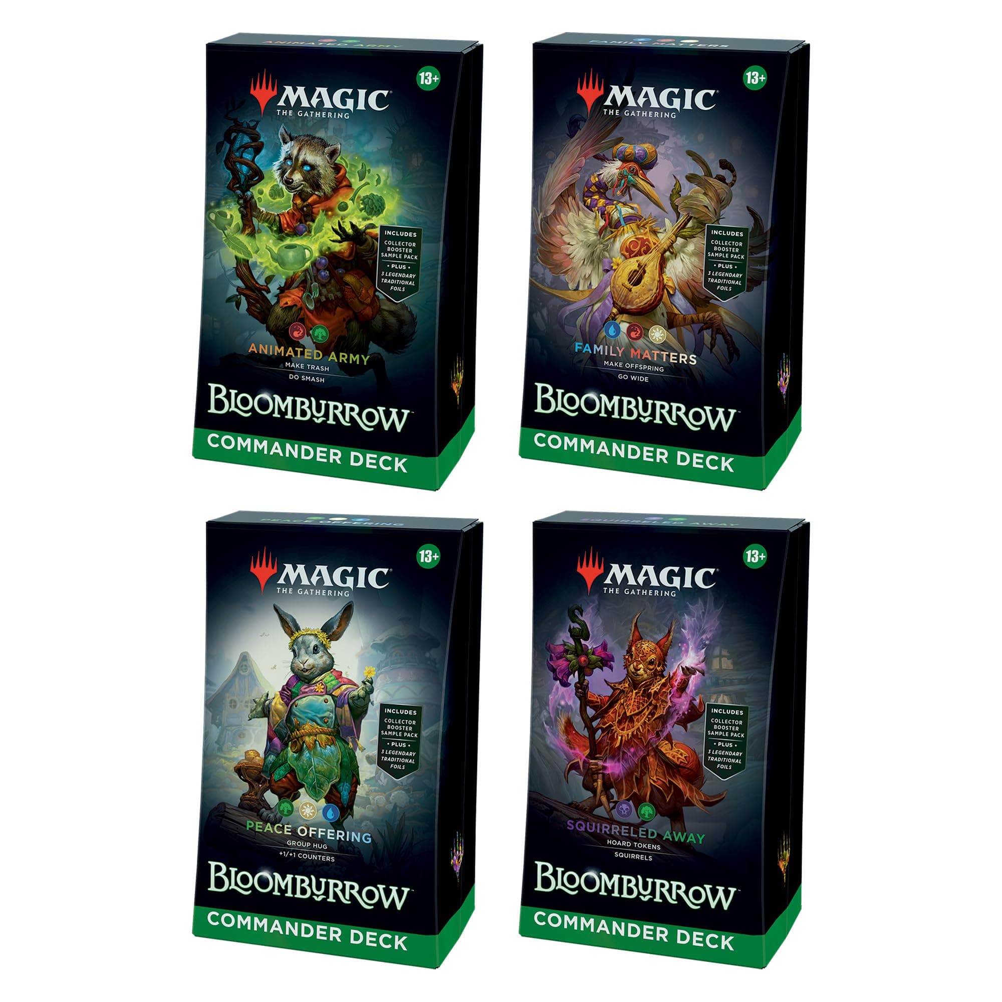 Magic The Gathering Bloomburrow Commander Deck Bundle - Includes All 4 Decks (Animated Army, Family Matters, Peace Offering, and Squirreled Away)