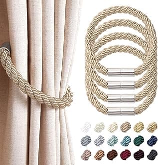 NICEEC 4 Pack Strong Magnetic Curtain Tiebacks Modern Simple Style Drape Tie Backs Convenient Decorative Weave Rope Curtain Holdbacks for Thin or Thick Home & Office Window Draperies (Khaki)