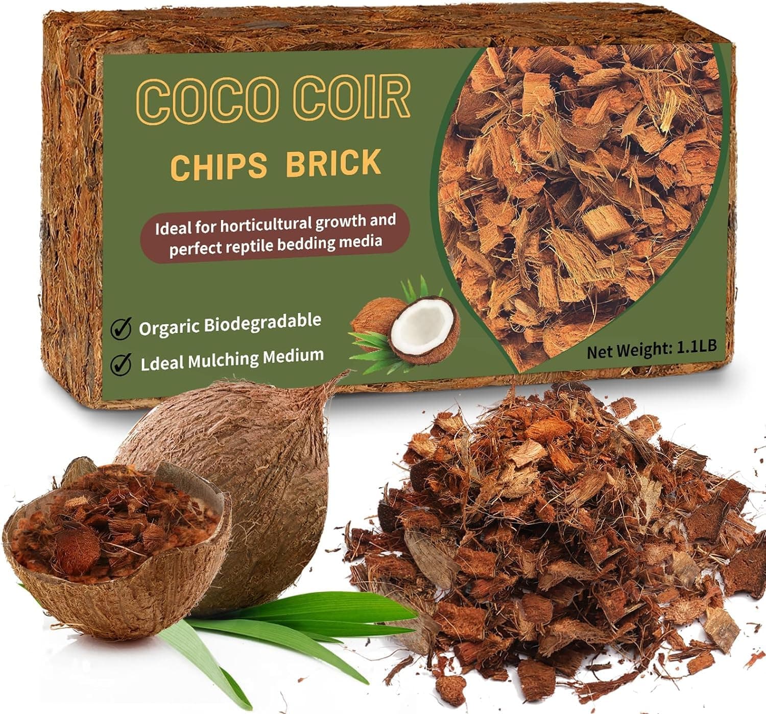 Coco Chips Substrate 1.1 LB, Organic Coconut Husk Brick with Low EC and pH Balanced, Easy to Expand Coco Coir Mulch Medium for Garden Flowers & Reptile Bedding (1 Pcs)