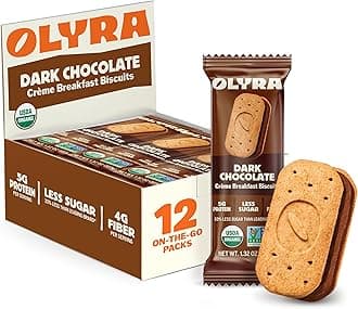 Olyra Dark Chocolate Sandwich Breakfast Biscuits, Healthy Snacks for Adults and Kids, Low Sugar, High Fiber, Vegan Organic Cookies, with Ancient Greek Grains, USDA Certified Organic, Non GMO, 12 Packs