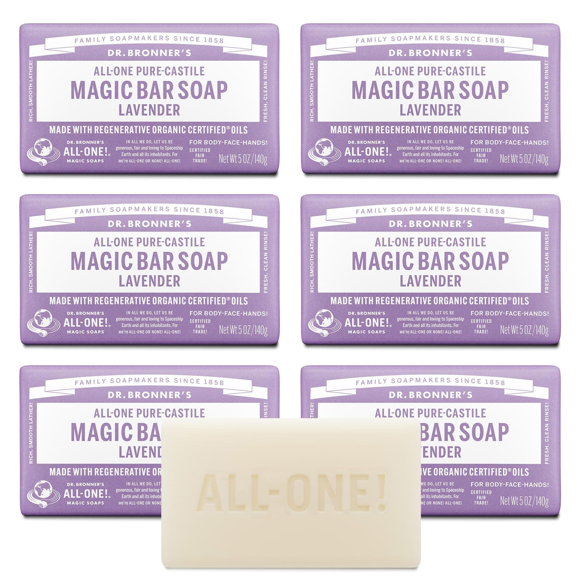 Pure-Castile Magic Soap Bars (Lavender, 5 oz, 6-Pack)- Bath Soap with Regenerative Organic Certified Oils- For Face, Body & Hair - Gentle, Biodegradable, Vegan- Bar Soaps for Men & Women
