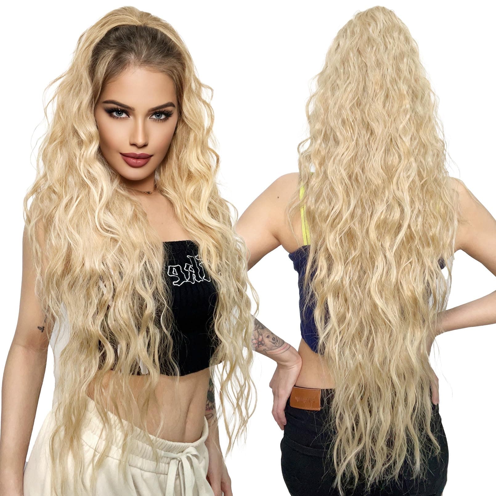 LONAI Ponytail Extension, 34" Long Wavy Drawstring Ponytail Extensions, DP001 Softer Lighter 80% Japanese Import Synthetic Clip in Hair Extensions Natural Looking Hairpiece for Women-Honey Blonde