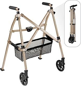 Stander Wonder Walker Plus, Lightweight Folding Mobility Aid for Adults, Seniors, and Elderly, Collapsible Travel EZ Fold-N-Go with Wheels, Glides, & Basket, Desert Sand