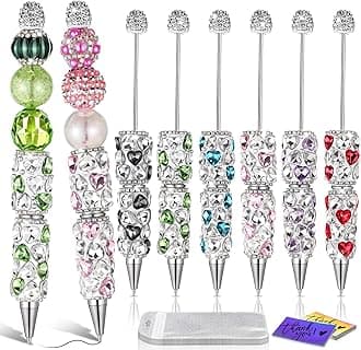 Sayglossy 6 Pcs Full Rhinestones Beadable Pens Glitter Heart Bling Fancy Pen for Beads DIY Luxury Diamond Sparkly Crystal Beaded Pen Kit Cute Journalling Ballpoint for DIY Craft Making