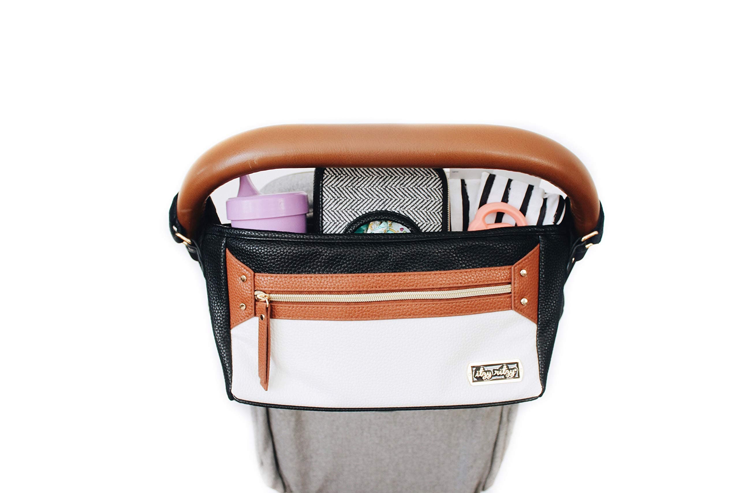 Itzy Ritzy Adjustable Stroller Caddy – Stroller Organizer Featuring Two Built-In Pockets, Front Zippered Pocket And Adjustable Straps To Fit Nearly Any Stroller, Coffee And Cream