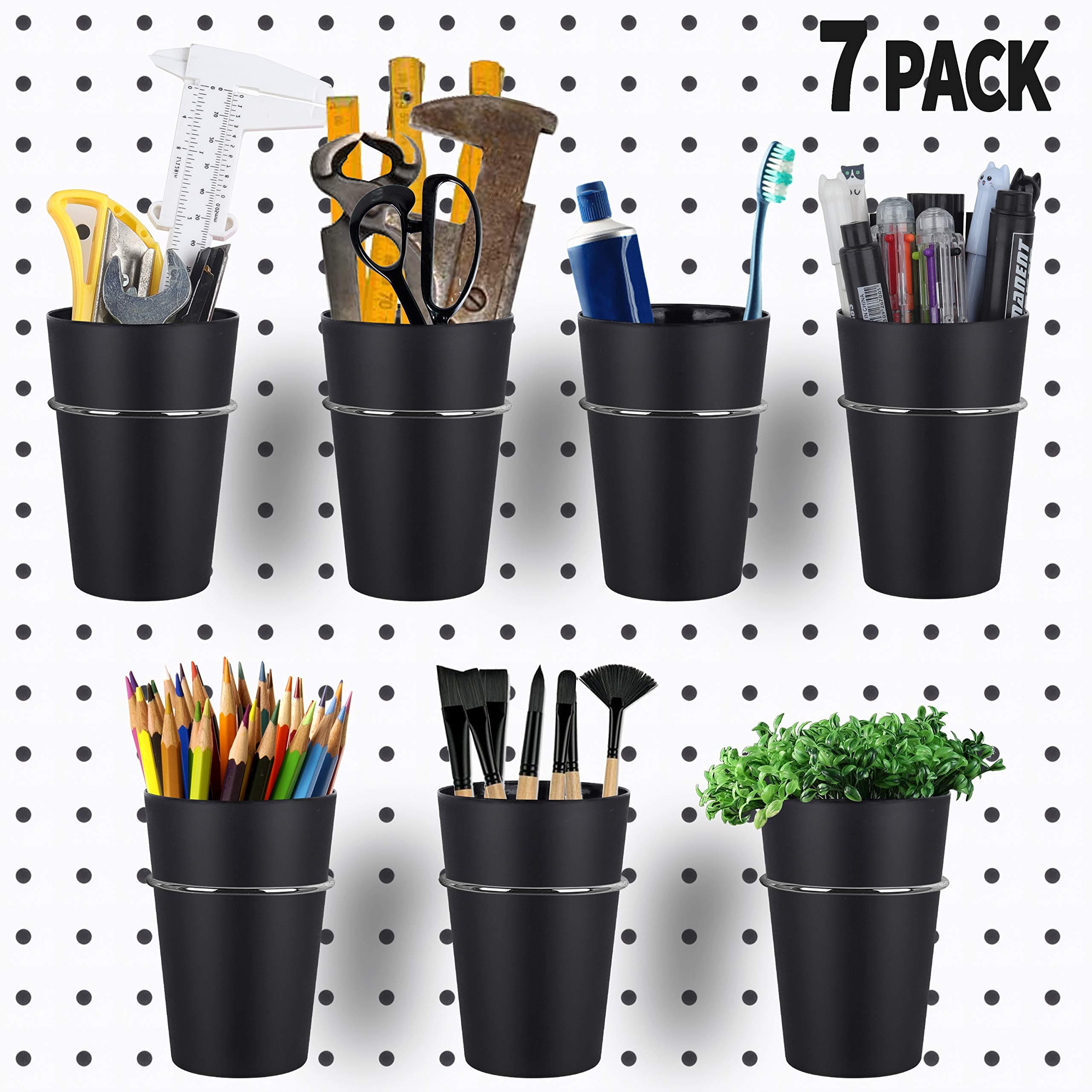 Kuhome 7 Sets Pegboard Bins with Rings, Ring Style Pegboard Hooks with Pegboard Cups, Pegboard Cup Holder Accessories for Organizing Storage (Black)