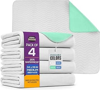 Utopia Bedding Washable Pee Pads for Dogs 34" x 36" (Pack of 4), Waterproof Incontinence Bed Pads for Adults, Elderly and Kids, Heavy Absorbency Pet Training Pads for Sofa and Couch (White, Green)