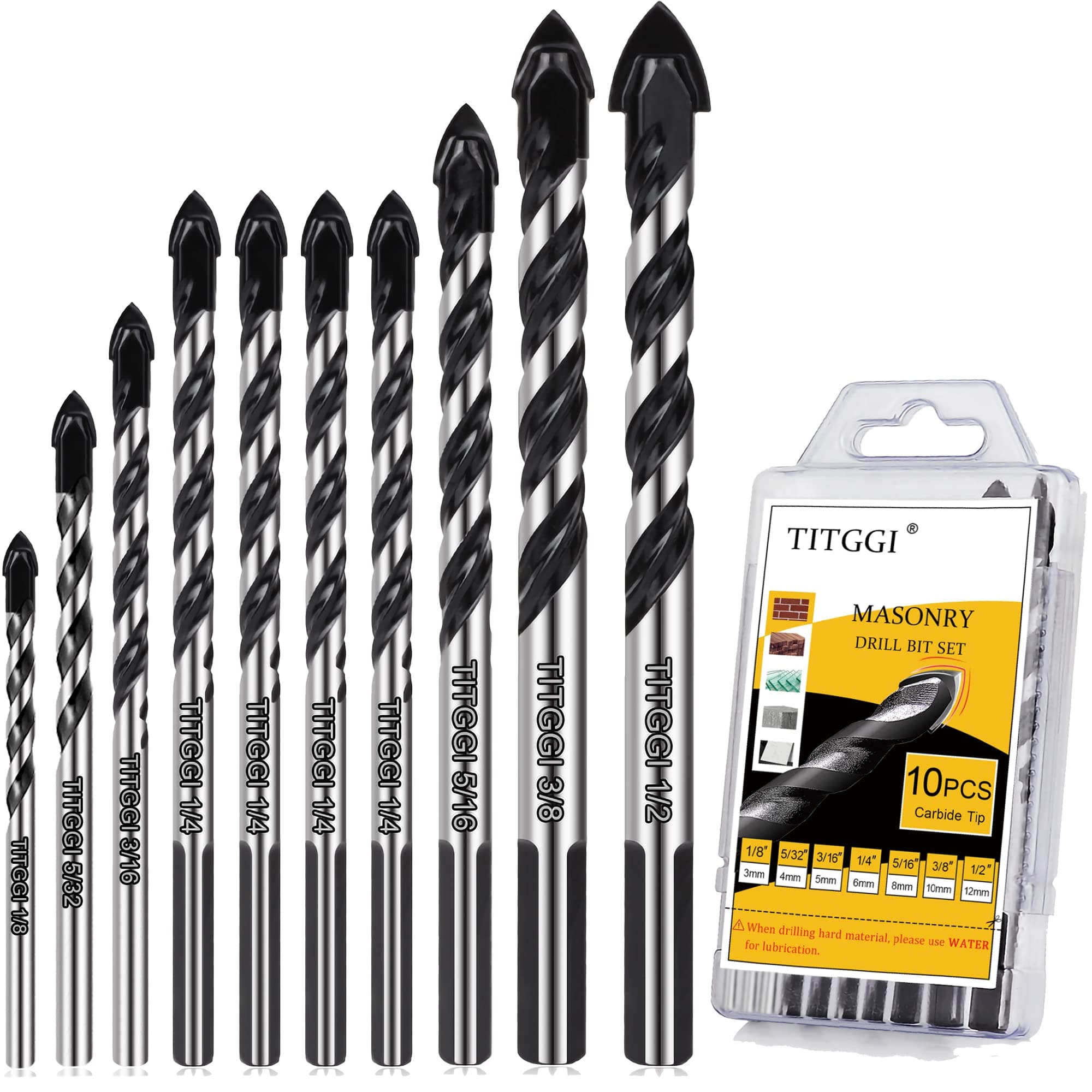 10-PCS Masonry Drill Bit Set & Concrete Drill Bit Set, Professional Drill Bit Set for Glass/Brick/Plastic/Cement/Wood/Tile/Etc, Industrial Strength Carbide Drill Bit Tip, 1/8"-1/2" by TITGGI