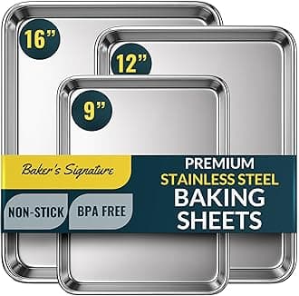 Baker’s Signature Stainless Steel Cookie Sheet Pan, Stainless Steel Baking Sheet Set of 3, Mirror Finish, Non-Stick, Rust Resistant, BPA Free, Dishwasher Safe, 9/12/16