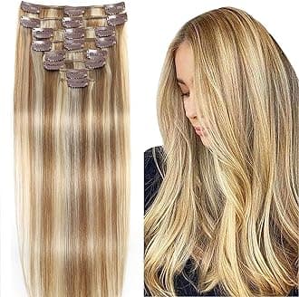 Light Blonde Highlighted Golden Blonde Human Hair Clip in Extensions - Remy Invisible Natural Straight Seamless 8pcs Double Weft 20 Inch 80g