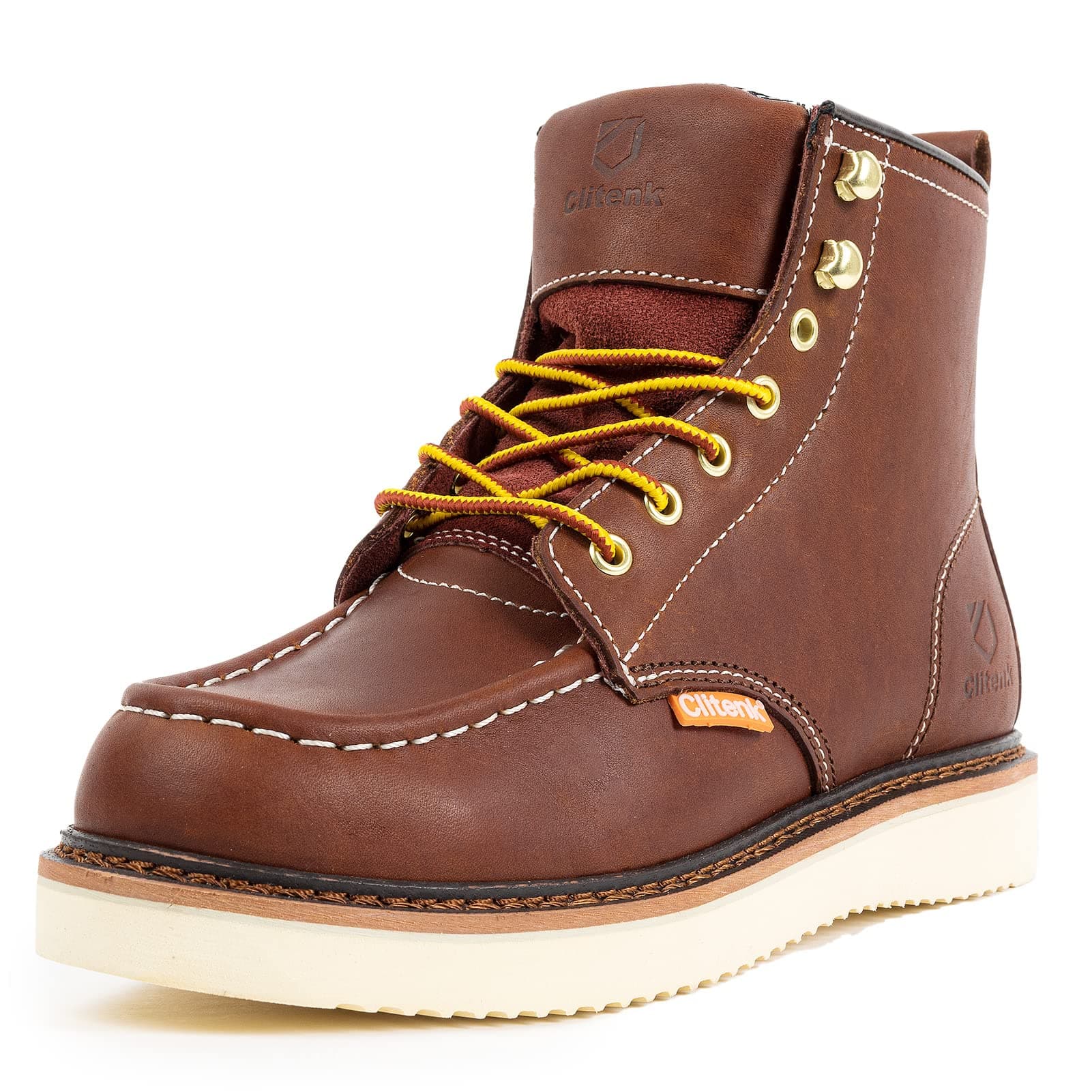 Work Boots Men MOC TOE, Soft Toe 6 Full Grain Leather Breathable Water Resistant, Non Slip Wedge Comfortable Mens Work Boots Lightweight