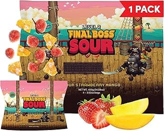 Final Boss Sour Candy Strawberry and Mango, 1 Pack, Level 2, Extreme Sour Fruit Chews with Real Dried Fruit, No Artificial Colors or Flavors, Low Calorie Snack for Kids, Teens & Adults
