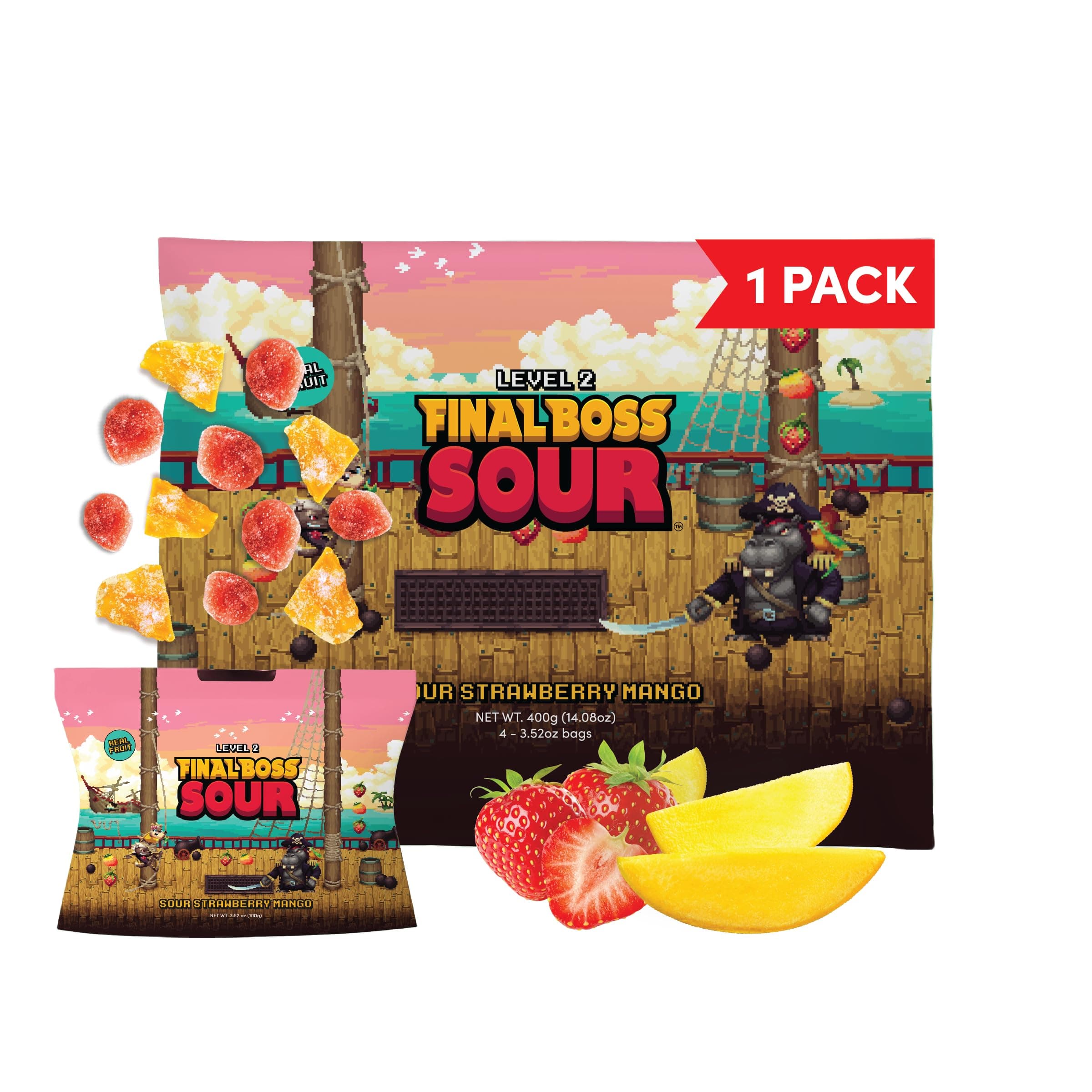 Final Boss Sour Candy Strawberry and Mango, 1 Pack, Level 2, Extreme Sour Fruit Chews with Real Dried Fruit, No Artificial Colors or Flavors, Low Calorie Snack for Kids, Teens & Adults