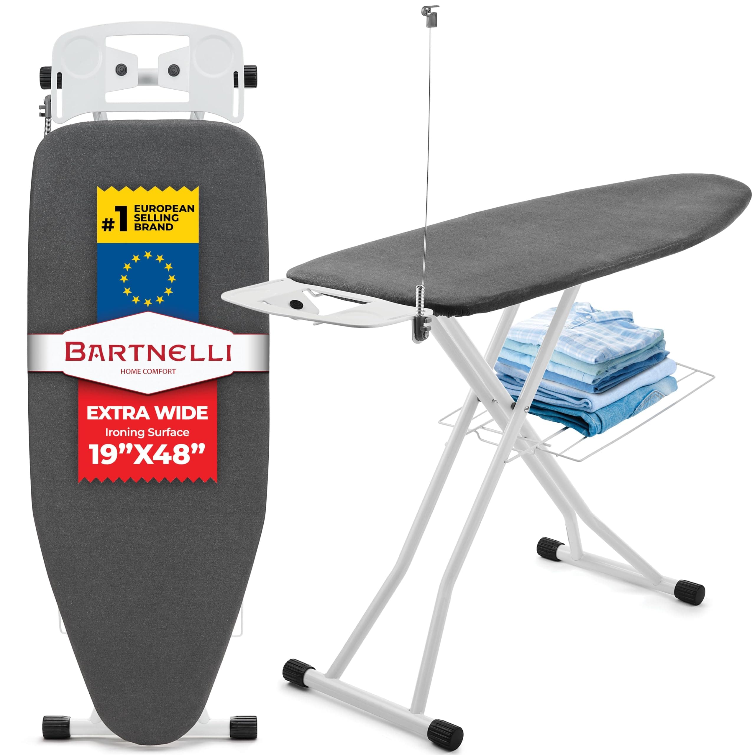 Bartnelli Extra Wide Pro Ironing Board 19x48 Ironing Surface with Iron Rest, Cord Holder, Shelf and 4 Layer Heat Resistant Cover and Pad