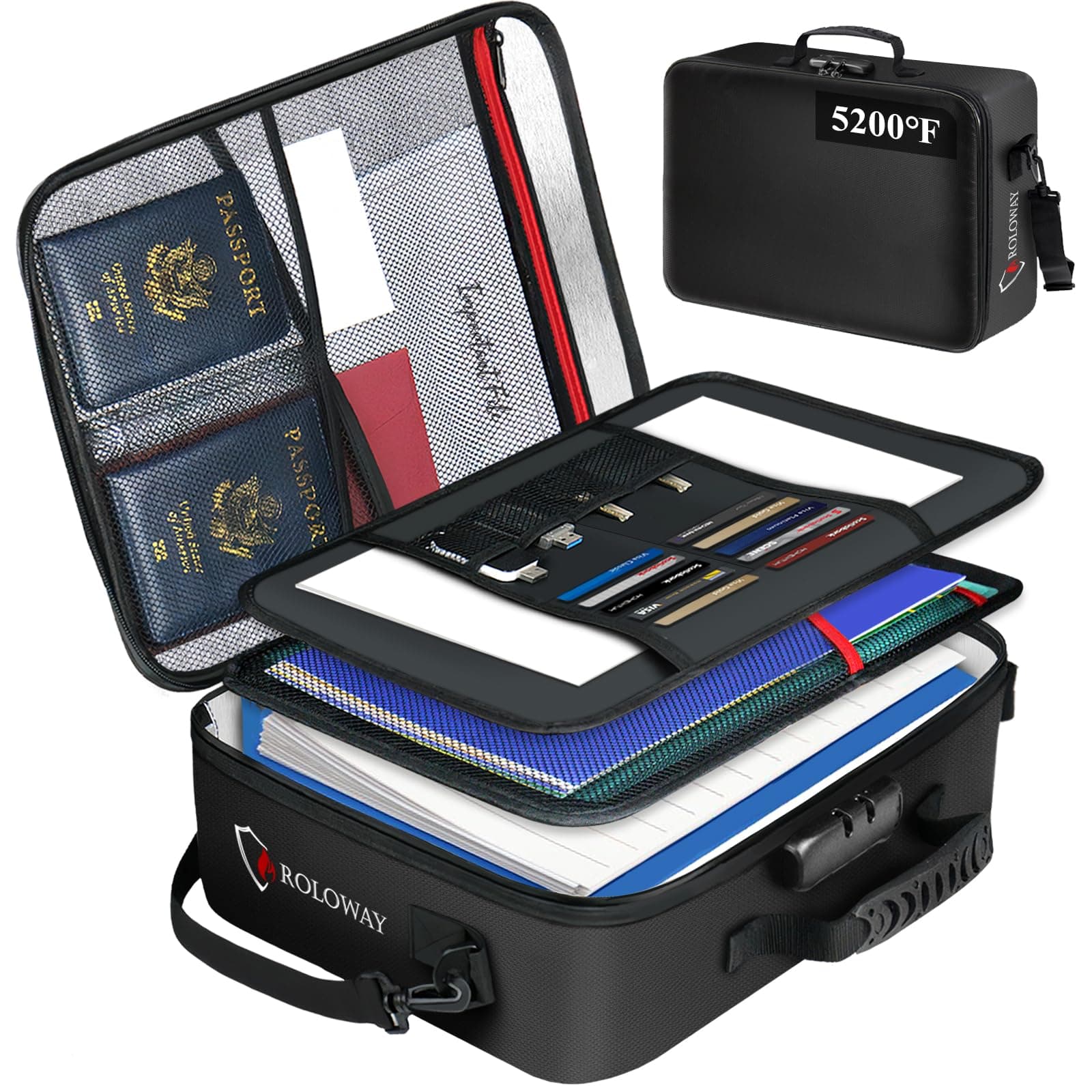 ROLOWAY 5200°F Fireproof Document Bag with Lock (17 x 11.8 x 5 inch), Upgraded Heat Insulated Fireproof Document Safe, Fireproof Bag for Document Organizer, Important Document Storage for Home Safe