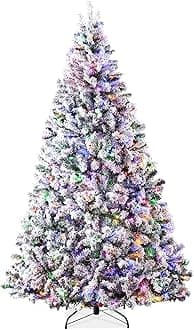 Best Choice Products Pre-Lit Artificial Christmas Tree 9ft Snow Flocked Pine Tree, 2-in-1 White and Multicolor LED Lights, Full Snowy Appearance