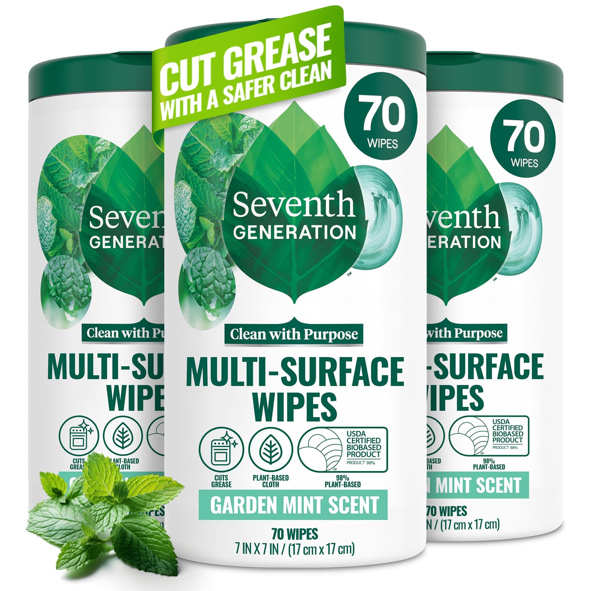 Seventh Generation Multi-Surface Wipes, 70 Count, Pack of 3, Garden Mint, Plant-Based Cleaning Wipes, No Harsh Fumes or Residue, Safe Around Kids