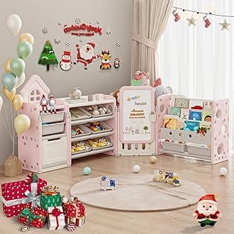 Kids Toy Storage Organizer with 10 Removable Bins, Foldable Toy Organizers and Storage with 3-Tier Bookshelf for Kids Toy Storage Organizer with Drawing Board, Extra 3 Brushes (4 In 1 Light Pink)