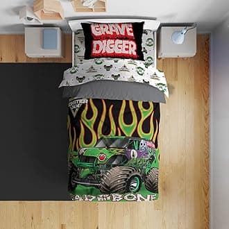 Monster Jam Toddler Comforter Set - 4 Piece Preschool Bedding Includes Comforter, Sheets & Pillow Cover - Super Soft Trucks Microfiber Bed Set