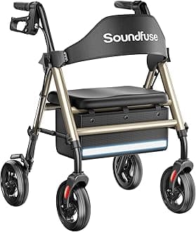 Rollator Walkers with Seat for Seniors, Foldable 8" Big Wheels All Terrain Rolling Walker, Handles and Ergonomic Seat Height Adjustable, 350 lb