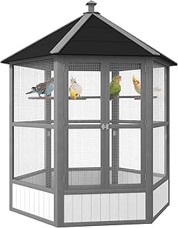 PawHut 69" Large Wooden Hexagonal Outdoor Aviary Flight Bird Cage with Covered Roof, Light Gray